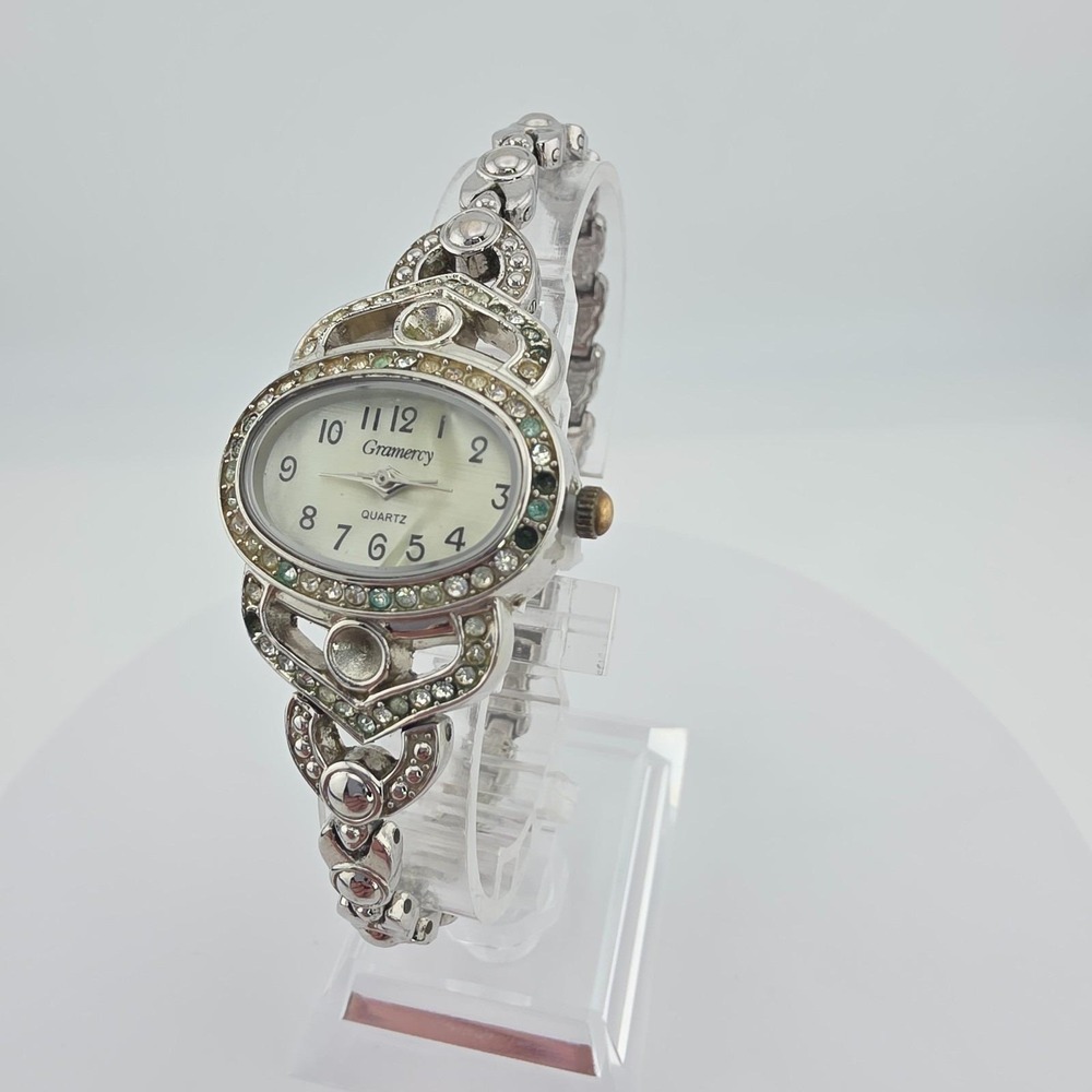 Vtg GRAMERCY Ladies Watch Mother Of Pearl Dial Crystal Accents Silver Tone 7.25"